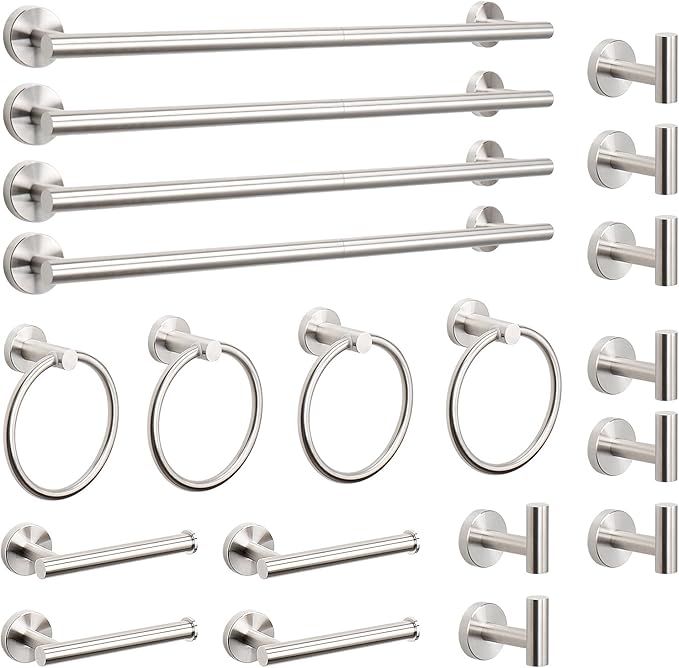 NearMoon 20 Pieces Bathroom Hardware Set SUS304 Thicken Stainless Steel-Towel Rack Kit Include 24" Towel Rod + Bath Towel Ring + Toilet Paper Holder + Robe Towel Hooks Bath Accessories (Nickel)