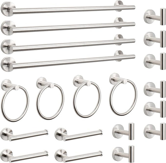 NearMoon 20 Pieces Bathroom Hardware Set SUS304 Thicken Stainless Steel-Towel Rack Kit Include 24" Towel Rod + Bath Towel Ring + Toilet Paper Holder + Robe Towel Hooks Bath Accessories (Nickel)