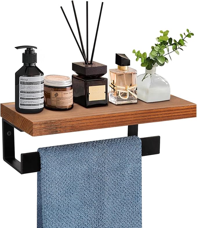 Hand Towel Holder/Towel Ring with Wooden Shelf, Hand Towel Rack, Hand Towel Hanger for Bathroom, Bath Accessories Wall Mounted, Matte Black (9"-Squ Shaped)