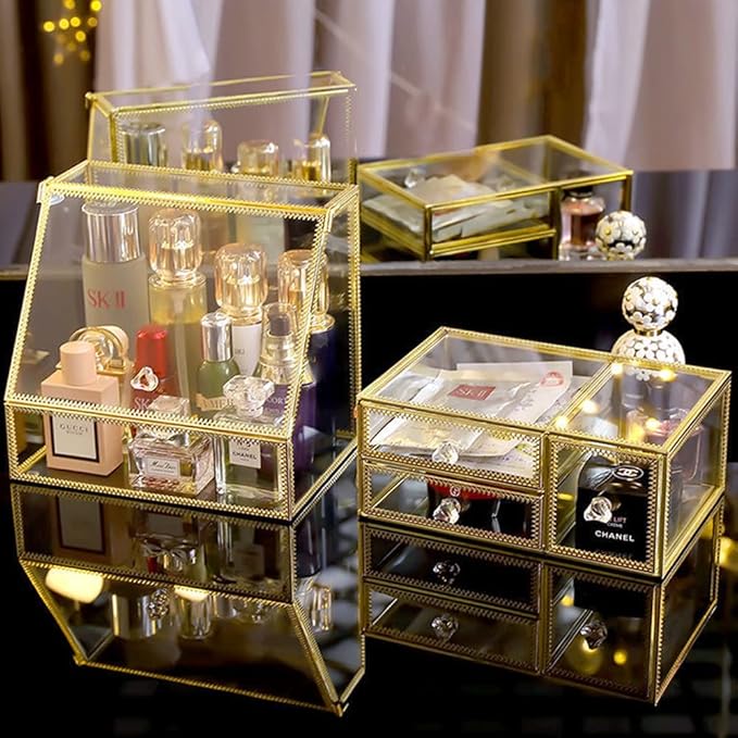 YUEHUA Makeup Organizer Glass Bathroom Countertop Vanity Cosmetic Organizer for Brushes Lipsticks Skincare