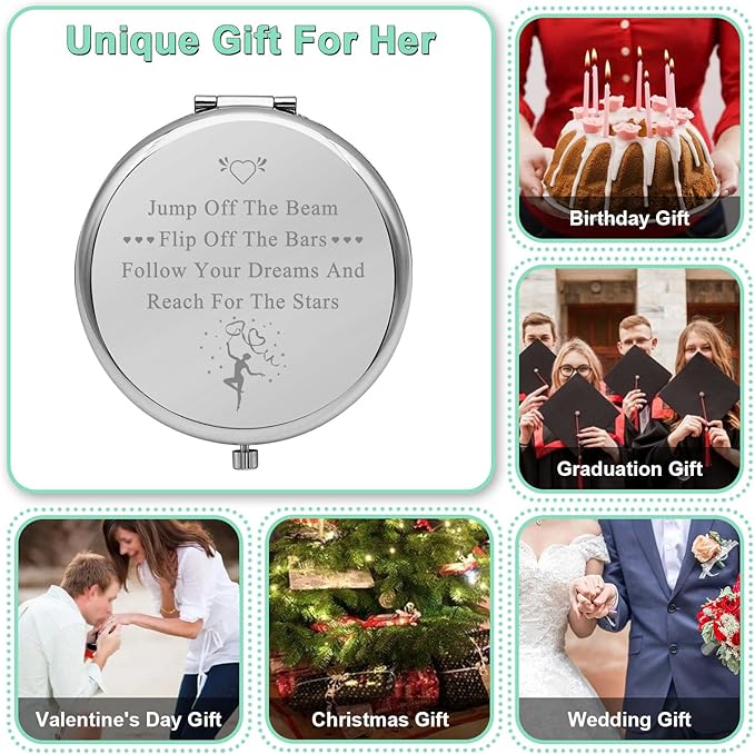 Gymnastics Gifts for Girls Travel Makeup Mirror Inspirational Gifts Gymnasts Inspirational Gift Gymnastic Coach Gift for Women Compact Makeup Mirror Birthday for Her (Silver)