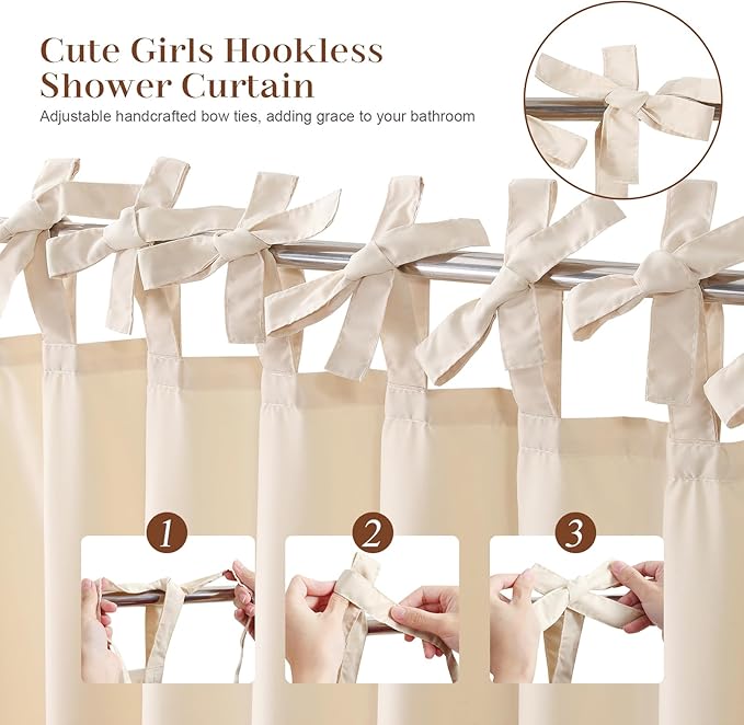 Adjustable Bow-Tie Top Beige Ruffle Shower Curtain for Girls Women, Delicate Fabric Shower Curtain with Handcrafted Ruffles and Small Holes, Waterproof Ruched Farmhouse Bathroom Curtain, 72"W x 72"H