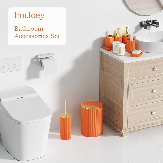 Orange Bathroom Accessories Set, 10PC Bathroom Set, Bath Accessory with Pop Up Trash Can, Soap Dispenser, Toilet Brush, Toothbrush Set Qtip Holders & Tray