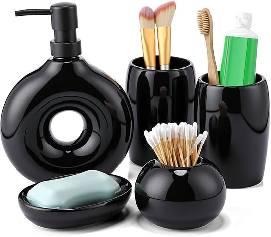 FoldTier 5 Pcs Ceramic Bathroom Accessories Set Includes Soap Dispenser Toothbrush Cup Holder Soapbox Holder Stylish Modern Bathroom Matte Glaze Decor(Black)