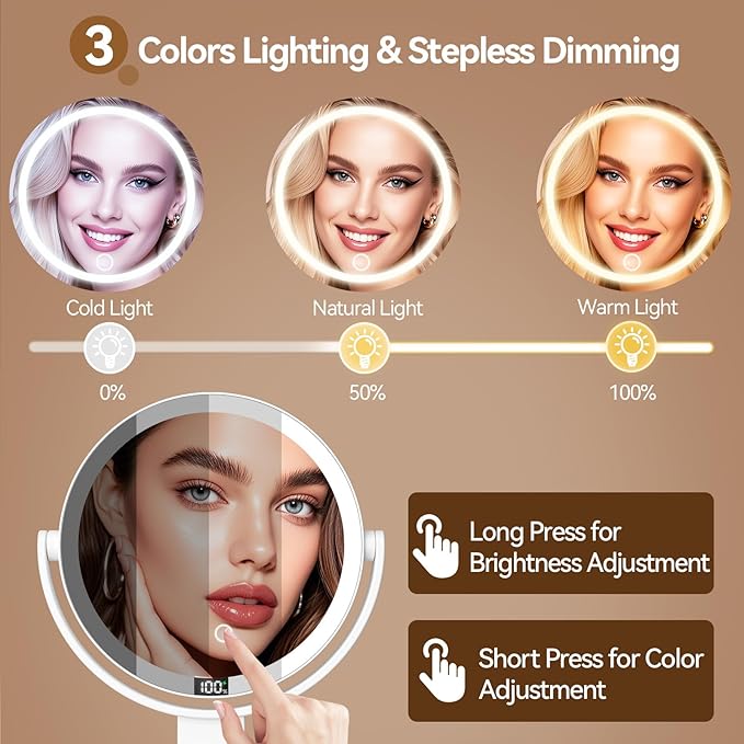 Shinowa Makeup Mirror with Lights, 20X Wall Mounted Lighted Magnifying Mirror, 2-Sided Vanity Mirror with 3 Color Lights & Brightness Adjustment, 360° Rotation Rechargeable Desk Mirror, Travel Mirror