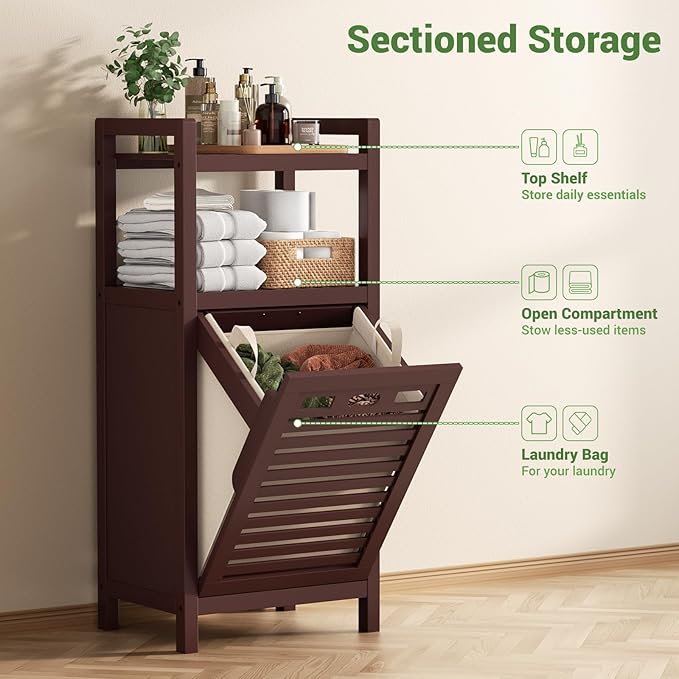 Homykic Tilt Out Laundry Hamper Cabinet, 10 Gal Bamboo Laundry Cabinet with Removable Basket, Hidden Hamper Organizer with Shelf for Dirty Clothes, Bathroom, Laundry Room, Space Saving, Espresso