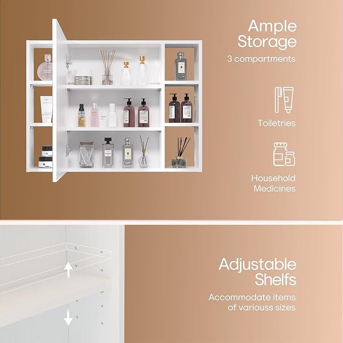 Bathroom Cabinet with Mirror, Wall Cabinet with 2 Mirrored Doors, Adjustable Shelf, Open Compartment, Wall-Mounted, 24x32 Inches, White (Assembly Required)