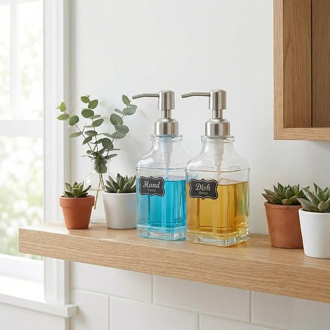 JASAI 2Pack Antique Design Glass Soap Dispenser with Rust Proof 304 Stainless Steel Pump, Refillable Hand Soap Dispenser with 10Pcs Stickers, Premium Soap Dispensers for Kitchen & Bathroom (Clear)