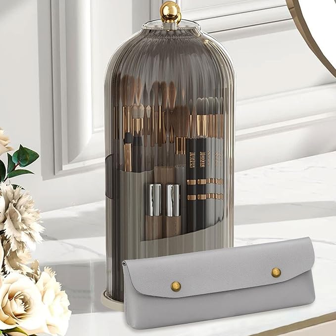 Qivine Makeup Brush Organizer, Cosmetics Make Up Brush Holder Organizer with Acrylic Lid, 360° Rotating Makeup Organizer for Vanity Countertop, Bathroom Make Up Organizers for Counter