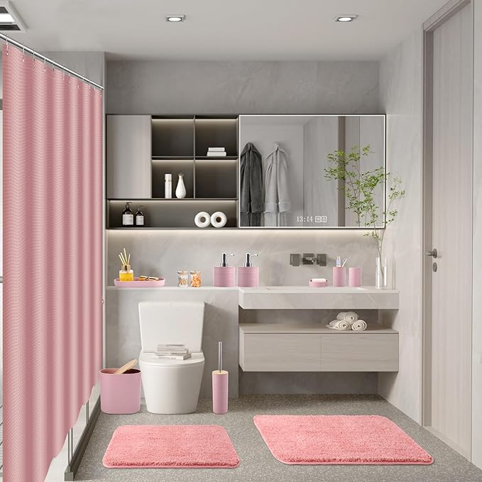 XLHOMO Bathroom Set - Pink Bathroom Accessories Set, Bathroom Sets with Shower Curtain and Rugs, 25PC Shower Curtain Set with Hooks, Soap Dispenser, Soap Dish, Toilet Brush Holder and Trash Can