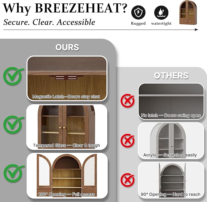 BREEZEHEAT Arched Medicine Cabinet with Extra Storage, Glass Doors & Adjustable Shelf -Wall Mounted Over Toilet Cabinet for Bathroom, Kitchen, Laundry Room, Walnut Wood Grain, 23.6x33.5 Inch