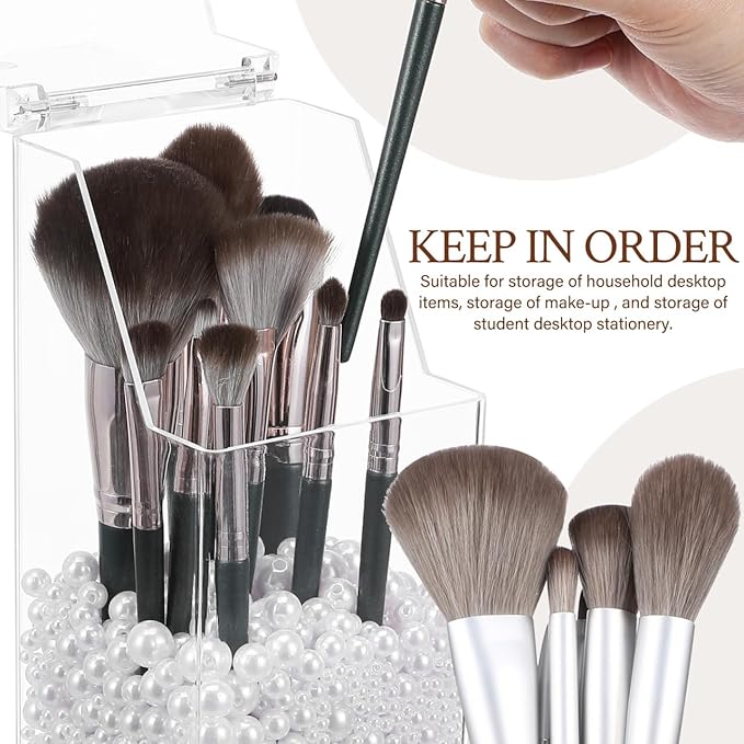 Zerodeko Acrylic Pen Holder Storage Box with Lid 2-Pack Clear Desktop Organizer for Makeup Brushes Stationery and Small Items 8.26X3.34X3.34In