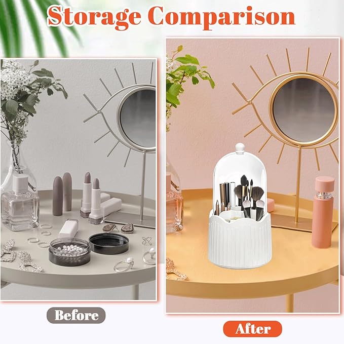 Makeup Brush Holder, 360° Rotating Makeup Organizers with Lid, Dustproof Waterproof Make Up Brush Holder Bag for Vanity Desktop Bathroom Countertop (White)