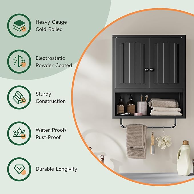 Letaya Metal Bathroom Wall Cabinet with 2 Doors,Medicine Cabinet with Towel Rack,Wall Mounted Storage Cabinet (Black)