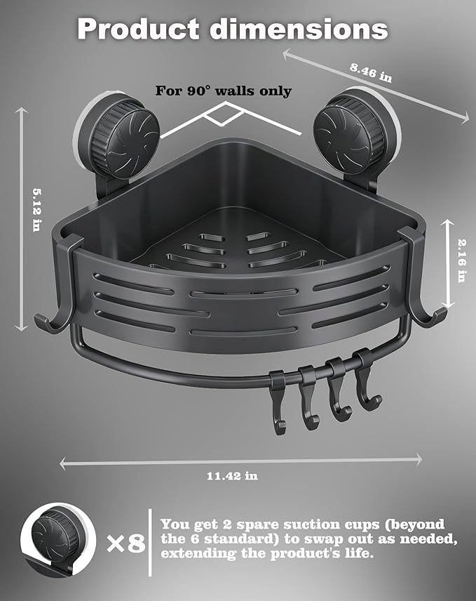 LOOCH 3 Pack Plastic Corner Shower Caddy with Twist-Lock Suction Cups & a Pre-Applied Adhesive Layer, The No-Drill Shower Organizer with Towel Bar & Drain Holes for Bathroom Storage & Decor（Grey）