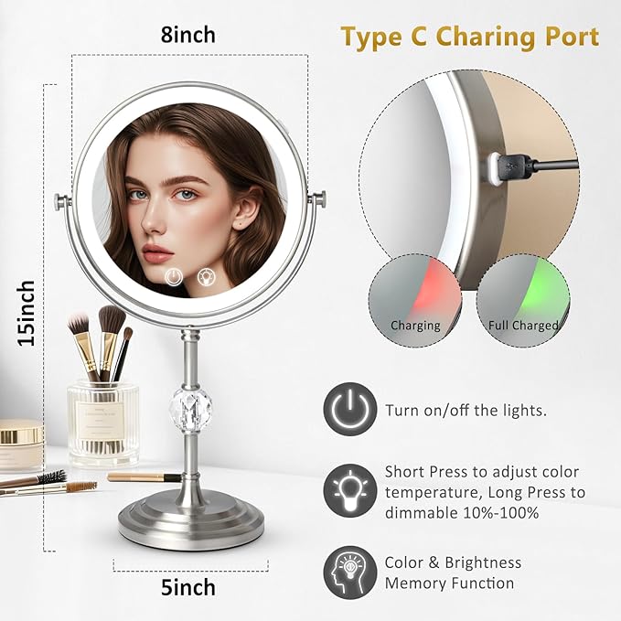 Lighted Makeup Mirror,4000mAh Rechargeable Double Sided Magnifying Mirror 1x/10x with 3 ColorsStepless Dimming, 360° Rotation Vanity Mirror with Lights, Memory Function,Nickel