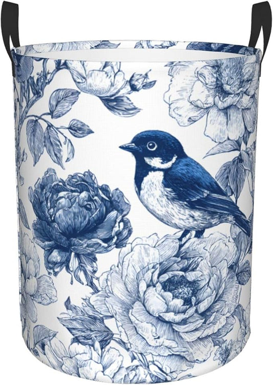 Blue Floral Bird Pattern Laundry Hamper, Collapsible Storage Basket with Handles for Clothes, Bedroom, Bathroom 19.6 x15.7 Inch
