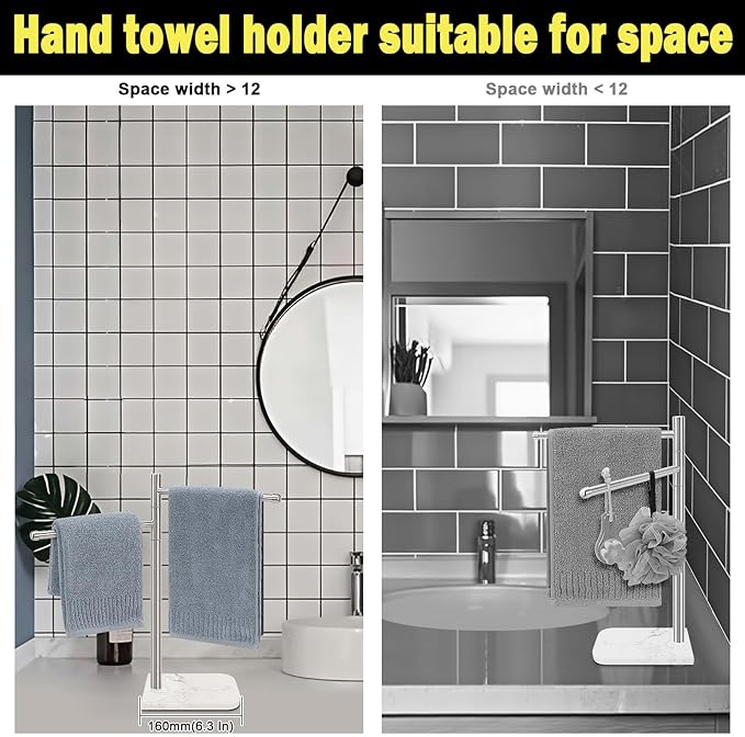 Standing Hand Towel Holder, Hand Towel Stand with Marble Base, 304 Stainless Steel Towel Rack with 2 Swivel Arm, Countertop Stand Towel Ring Towel Bar for Bathroom (Brushed Nickel