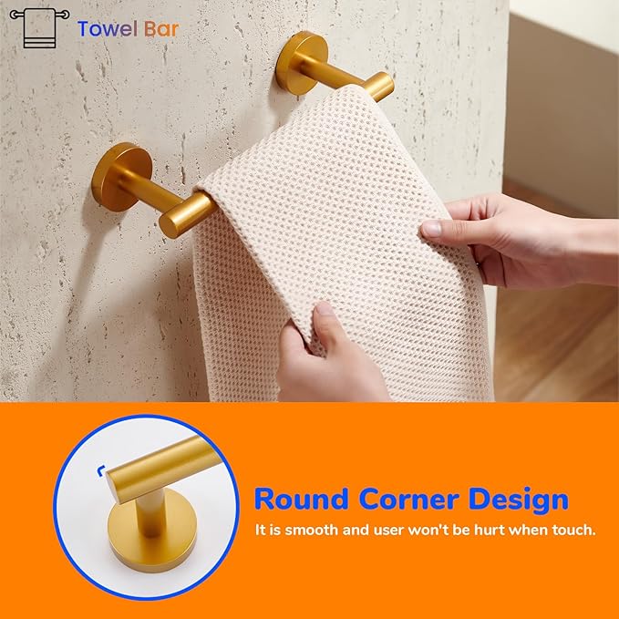 Miyili 9 Inches Hand Towel Bar Bathroom Towel Holder Kitchen Hanger SUS304 Stainless Steel Wall Mount Gold Finish, A01G23A