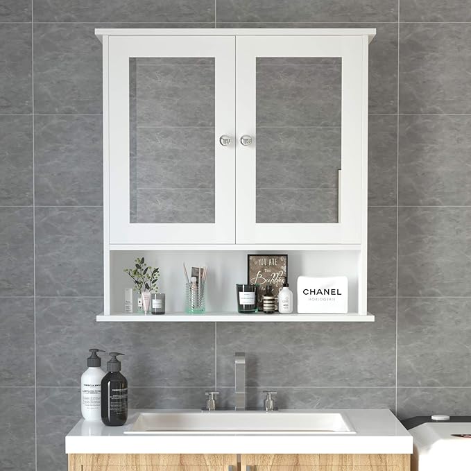 COSTWAY Bathroom Cabinet Wall Mount, Wooden Medicine Cabinet with 2 Mirror Doors, Adjustable Shelf, Open Compartment, for Laundry, Living Room, Kitchen, White