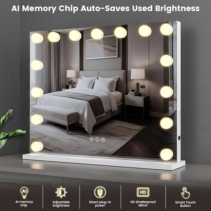 VESAUR Hollywood Vanity Mirror with 10X/15X Magnification and Lights, USB/Type-C Port Makeup Mirror with 15 Dimmable LED Bulbs, 3 Color Modes, Tabletop & Wall Mount for Bedroom, Aluminum（23"x18"）
