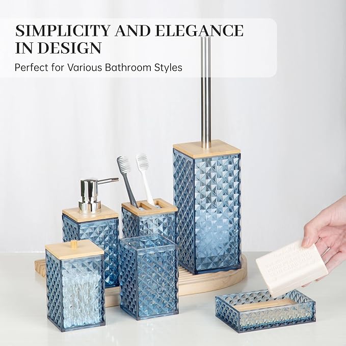 Bathroom Accessory Set, Grid Pattern 6 Pcs Plastic Bathroom Set Include Qtip Holder Dispenser, Toilet Bursh, Soap Dispenser, Soap Dish, Toothbrush Holder, Mousewash Cup(Dark Blue)