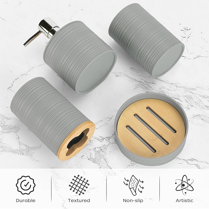4 PCS Grey Bathroom Accessories Set, Includes a Soap Dispenser, Toothbrush Holder, Soap Dish and Mouthwash Cup, Plastics & Bamboo Bathroom Set, Bohemian Style Bathroom Sink Set