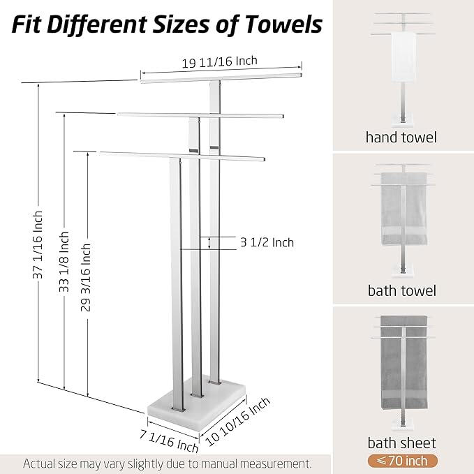KES Standing Towel Rack 3-Tier with Marble Base, Free Standing Towel Racks for Bathroom Floor, Fits Large Bath Towel & Hand Towel, 18/8 Stainless Steel Polished Finish, BTH217S3