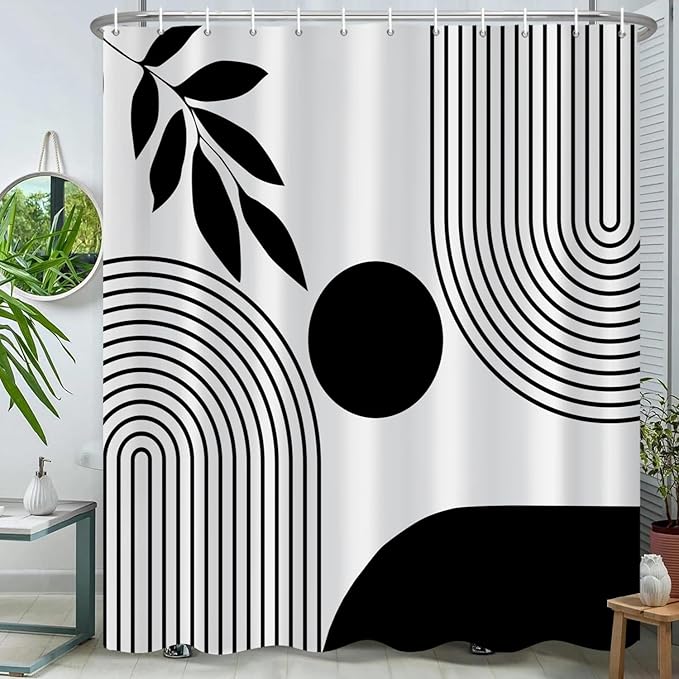 ChloropLastid Boho Shower Curtain Mid Century Modern Shower Curtains for Bathroom Black and White Geometric Minimalist Abstract Bohemian Waterproof Fabric Bathroom Shower Curtain Set 72x72 Inch