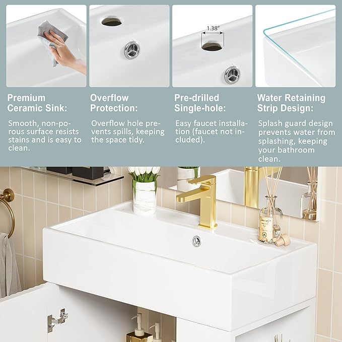 Virubi 21.6 in Small Bathroom Vanity with Sink,Doors and Storage Shelves,Wood Modern Single Fluted Bathroom Sink Cabinet Freestanding (White,Right Shelf)