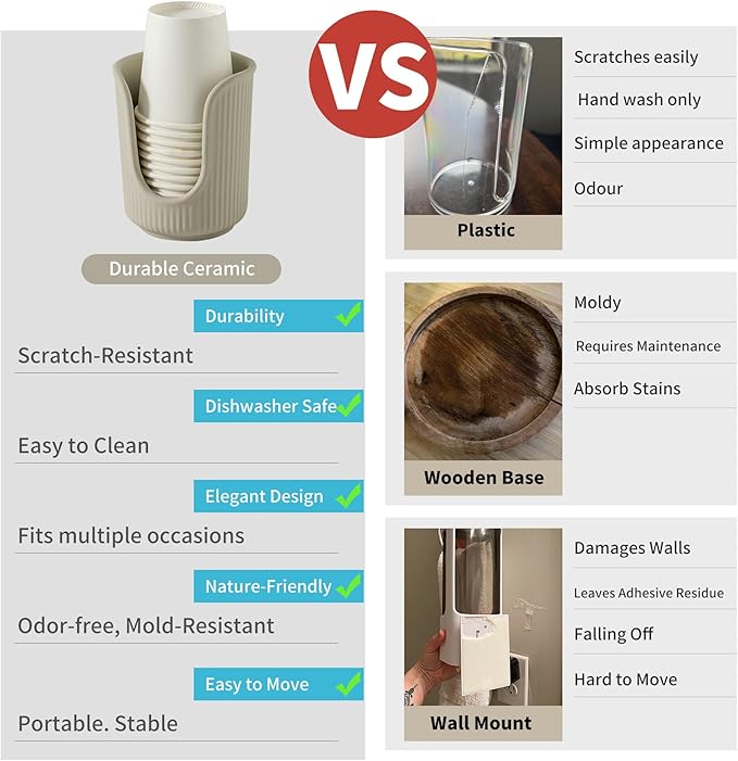 Dobbyby Ceramic Bathroom Cup Dispenser with Stylish Vertical Stripes - Disposable Mouthwash Cup Holder Holds 3-4oz Paper Cups for Rinsing Cups on Bathroom Vanity Countertops (Matte Beige)