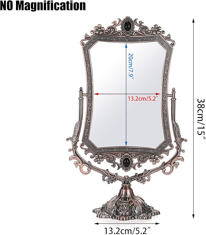 JUXYES Metal Tabletop Antique Decorative Makeup Mirror with Stand, Vintage 360° Swivel Double Sided Cosmetic Mirror with Frame, Retro Desktop Dressing Mirror Magic Mirror for Dresser