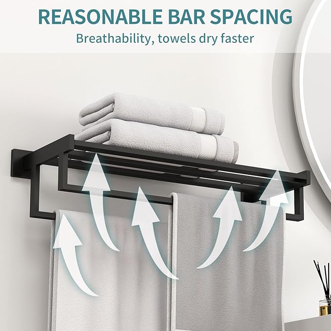 Double Towel Bar, 24 Inch Towel Racks for Bathroom Wall Mounted, Bathroom Towel Rack, Towel Rack with Shelf, Stainless Steel Hand Towel Hanger, Bath Towel Holder for Wall, Black