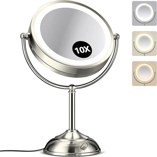 10X Magnifying Mirror with Light, Rechargeable 9" Lighted makeup mirror with magnification, 3 Color Modes, Adjustable Brightness, No Assembly Required, 360° Rotation Cosmetic Mirror, Pearl Nickel