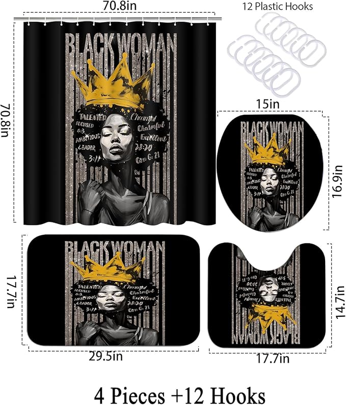4Pcs Praying Black Queen Shower Curtain Set, Inspirational Quote Afrcian American Woman Shower Curtains with Rugs Toilet Lid Cover Bath Mat, Waterproof Valentine's Day Bathroom Decor Sets