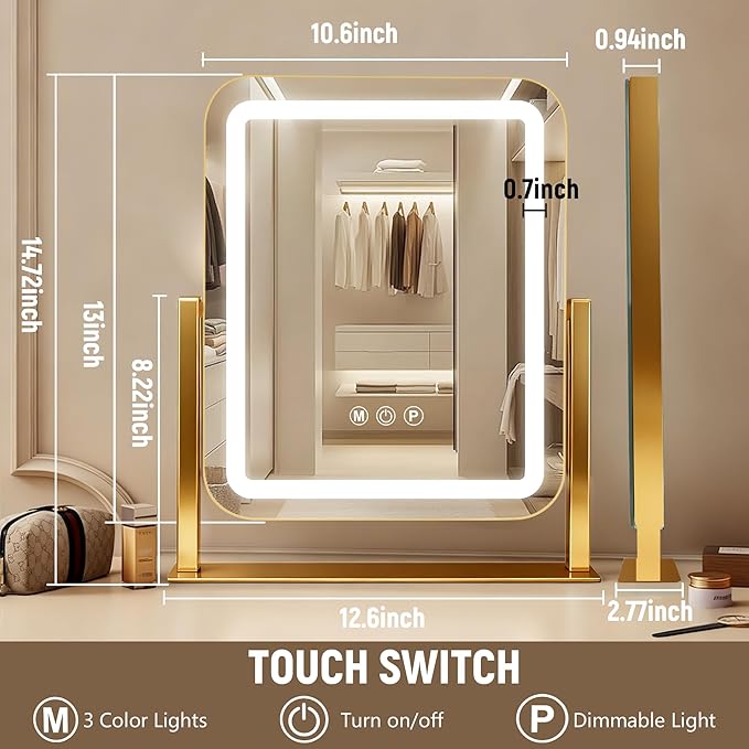 Ratsamee Gold Vanity Mirror with Lights 15"×13", Led Makeup Mirror, Lighted Makeup Mirror with 3 Color Dimmable Lights, Smart Touch Screen Control, 360°Rotation
