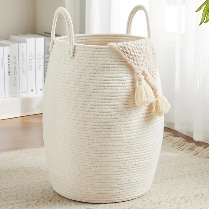 Fiona's magic Cotton Rope Laundry Hamper Basket, 65L Woven Large Laundry Basket, Tall Dirty Clothes Hamper for Storage Blankets, Toys in Bedroom, Living Room Organizing-Collapsible-Beige