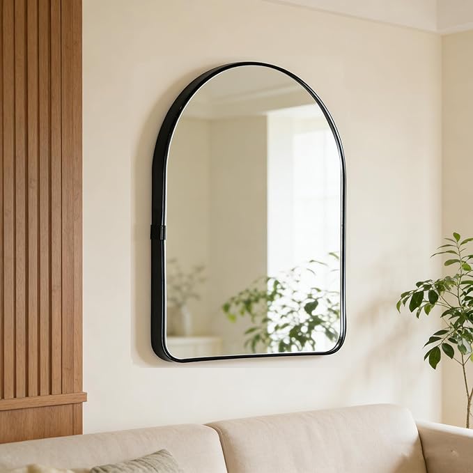 Funly mee Arched Wall Mirror, 15.8 x23.6 inches, Wall-Mounted Plastic Mirror, for Bathroom and Vanity (Black)
