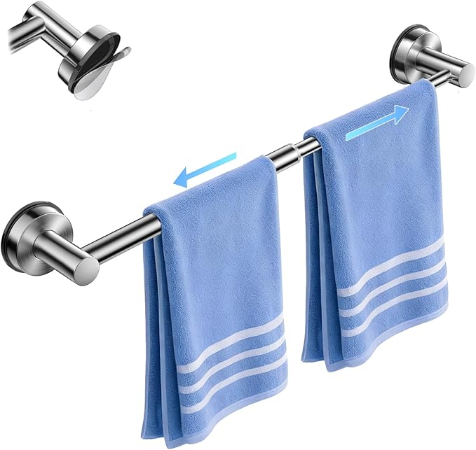 Adjustable Suction Cup Towel Bar for Bathroom Wall,14.6Inch~24 Inch Towel Racks for Bathroom, SUS304 Stainless Steel Bathroom Towel Holder,Bathroom Accessories Brushed Nickel Towel Rack (Silver)