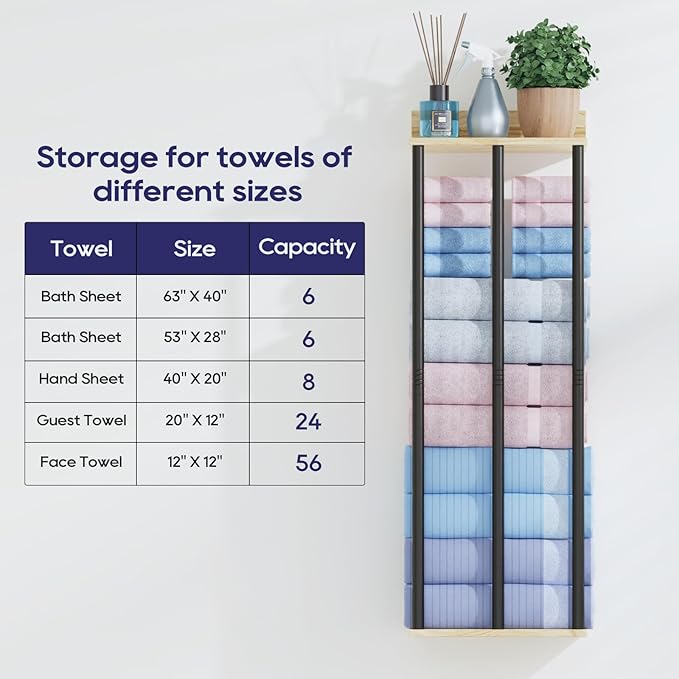 34 Inch Bathroom Towel Rack with Shelf – Modern Towel Holder for Bathroom Wall Mounted, Holds 6 Large Bath Towels, Rolled Towel Organizer for Bathroom, Laundry Room, and Small Space Storage