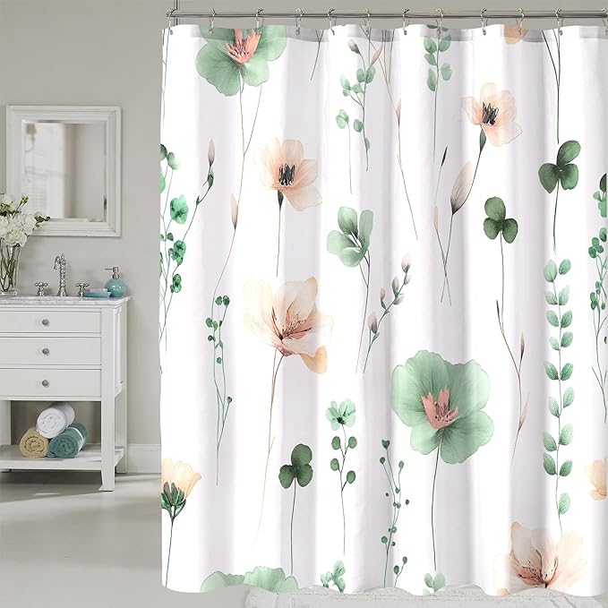 Sage Green Beige Floral Shower Curtain, Watercolor Flower Shower Curtains for Bathroom, Modern Minimalist Waterproof Fabric Bath Decoration 72x72 Inch