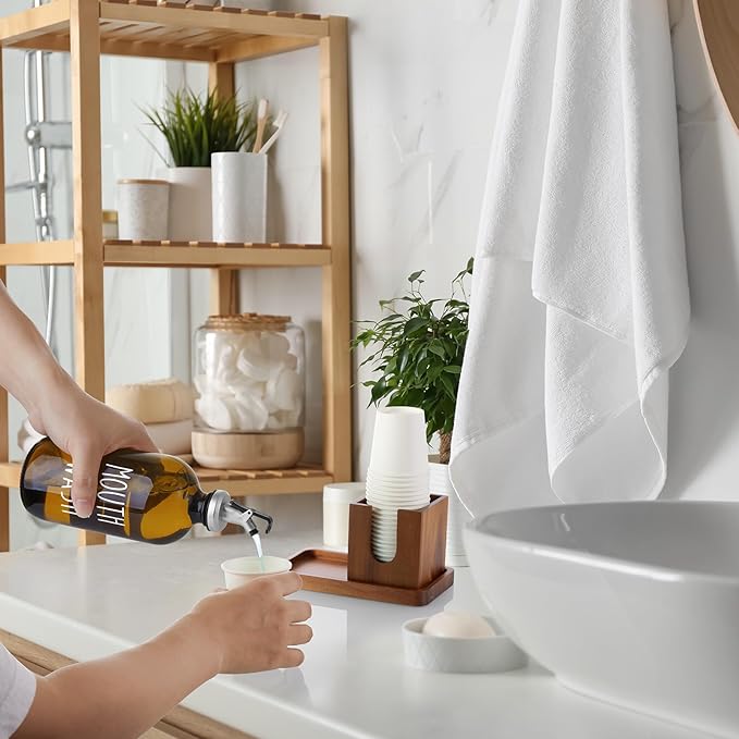 Amber Glass Mouthwash Dispenser for Bathroom, 16 OZ Mouthwash Dispenser with Pour Spout and Acacia Wood Cup Holder and Tray, Mouth Wash Bottle Container for Kitchen Bathroom Decor and Accessories