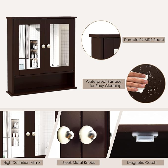 COSTWAY Bathroom Cabinet Wall Mount, Wooden Medicine Cabinet with 2 Mirror Doors, Adjustable Shelf, Open Compartment, for Laundry, Living Room, Kitchen, Brown
