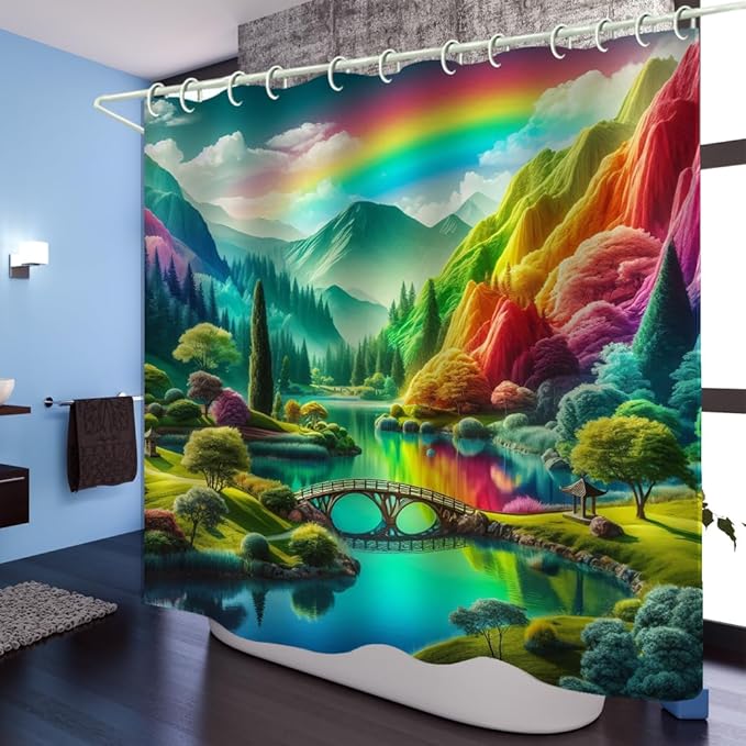 Shower Curtains, Colorful Mountain Theme Design Art Shower Curtains, Bathroom Decoration Set, 12 Shower Curtain Hooks (72 "Wx72 L) Inch Waterproof Shower Curtain.