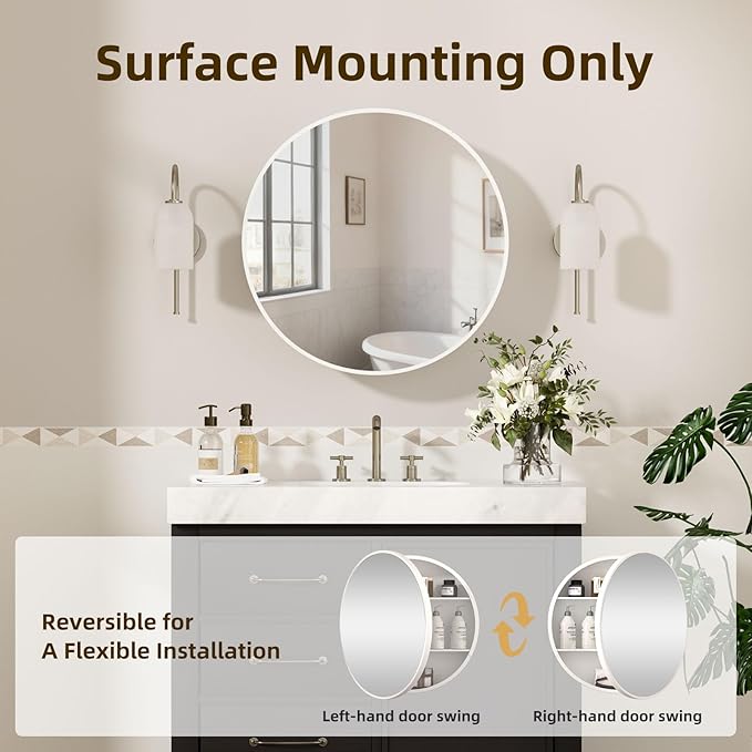 24 x 24 in Inch Round Medicine Cabinet Mirror White,Circular Bathroom Mirror with Storage Wall Mounted,Metal Framed Medicine Cabinets with Tempered Glass Adjustable Shelves for Bathroom Vanity
