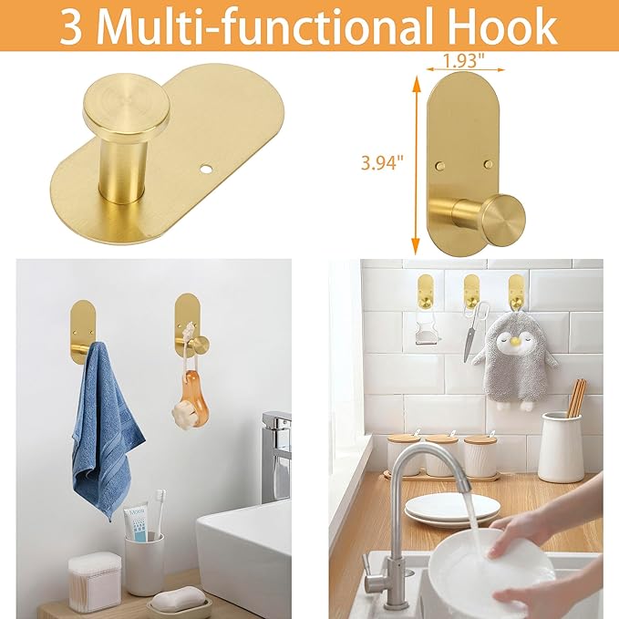 TocTen 5 Pieces Wall Mounted or Self Adhesive Towel Bar Set, Stainless Steel Bathroom Hardware Set Include 16″ Towel Rack, Toilet Paper Holder, 3 Towel Hook, Sticky Bathroom Accessory Kit (Gold)