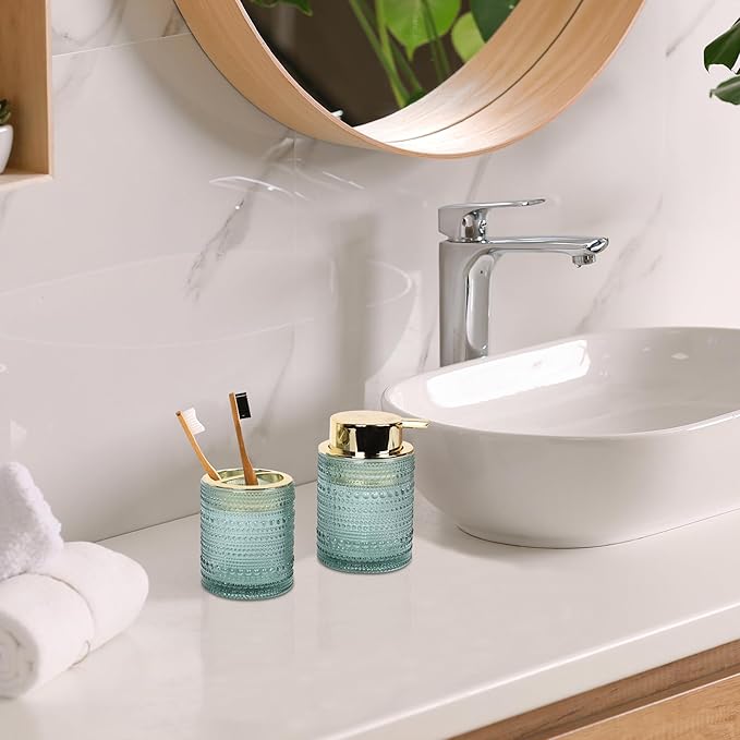 FEILANDUO Bathroom Accessories Set,4Pcs Glass Bathroom Accessories,Vanity Bathroom Decor, Soap Dispenser, Toothbrush Holder Set, Apothecary Jar, Gift for Home Apartment (Green)