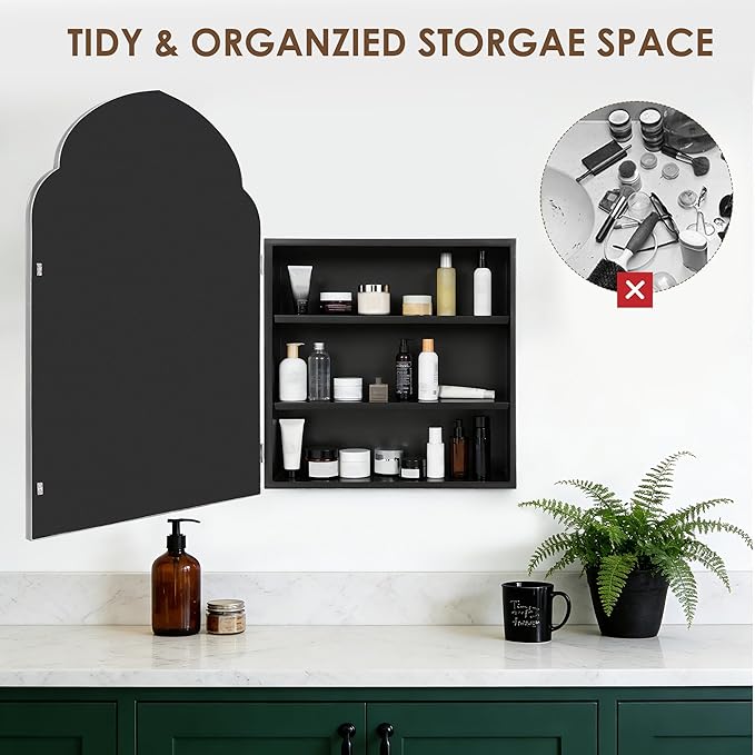 SogesHome Wall-Mounted Bathroom Mirror Cabinet, Irregular Arched Design, 19.7 x 29.9 Inch Retro Elegant Decoration Medicine Cabinet with Removable Shelves, Recessed Vanity Organizer, Silver