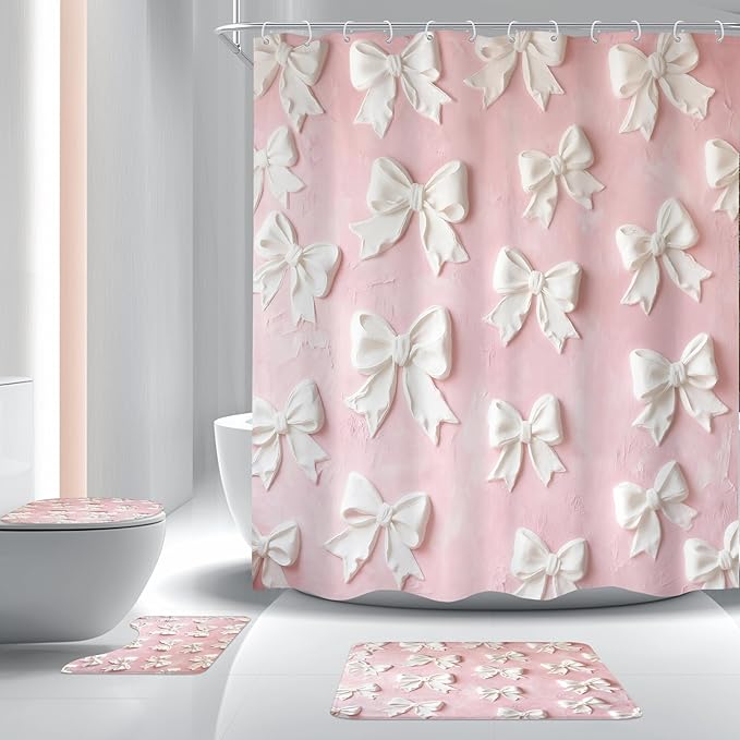 Cinbloo 4Pcs Pink White Bow Shower Curtain Set, Vintage Bowknot Oil Painting Bathroom Curtain with Rug, Toilet Lid Cover, Bath Mat, Girly Fashion Pretty Sweet Modern Shower Curtain with 12 Hooks