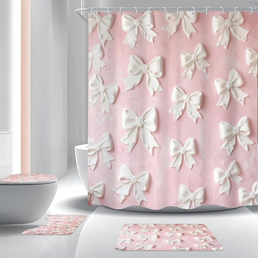 Cinbloo 4Pcs Pink White Bow Shower Curtain Set, Vintage Bowknot Oil Painting Bathroom Curtain with Rug, Toilet Lid Cover, Bath Mat, Girly Fashion Pretty Sweet Modern Shower Curtain with 12 Hooks